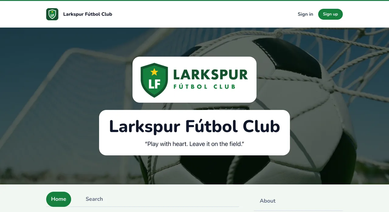 The Larkspur Fútbol Club website in the Rec style, with its green crest, its name on rounded white cards, and a soccer ball in the net